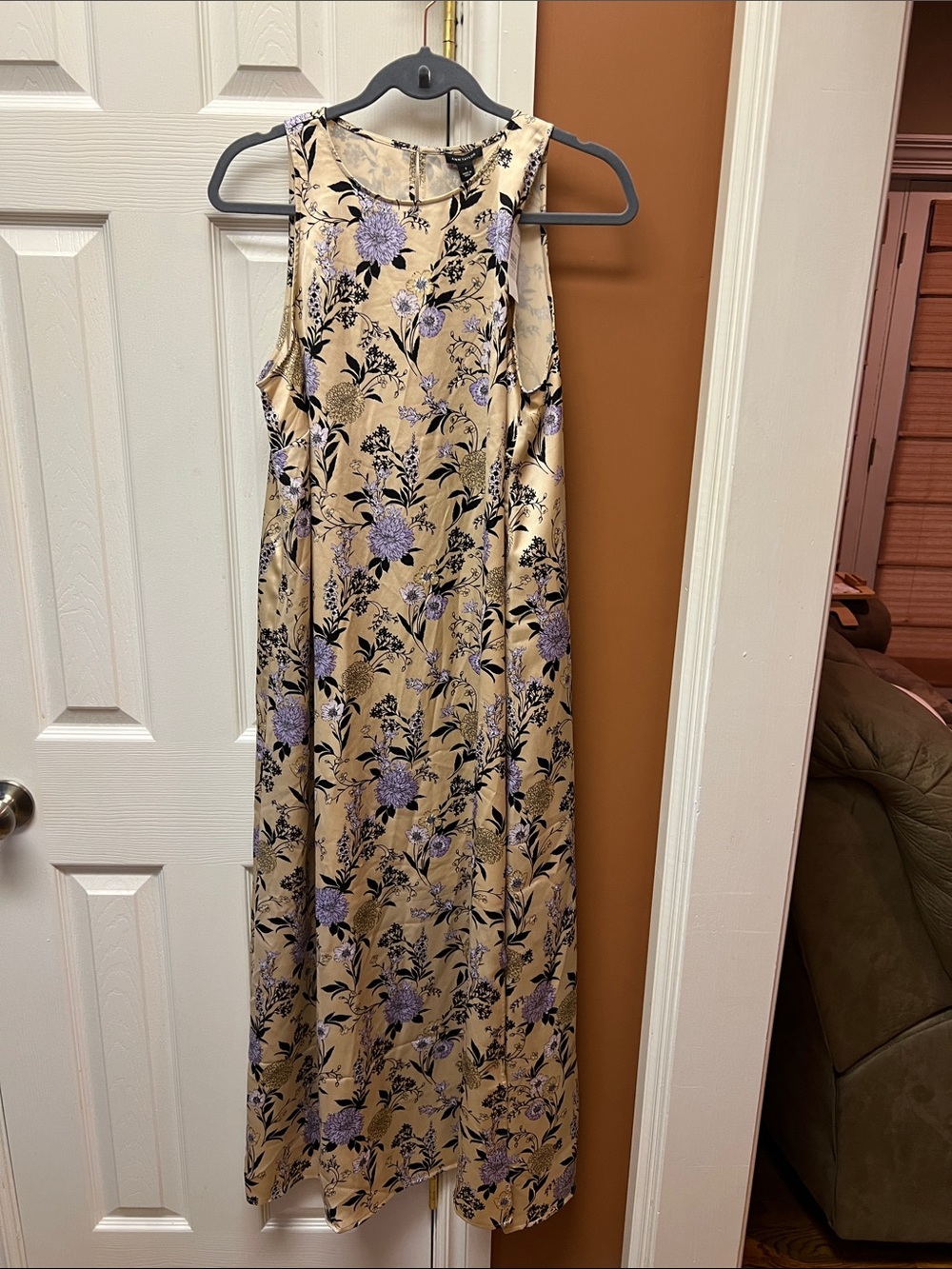 Ann Taylor Champagne Satin Maxi Dress with Lavender Floral Print
